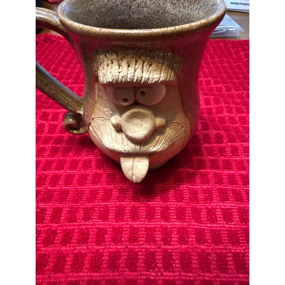 Studio Pottery Face Mug Handcrafted Signed Whimsical Mustache Tongue Brown Tan